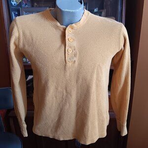 Mens Small Vintage Waffle Knit Shirt Thermal Yellow Long Sleeve Henley 1980's